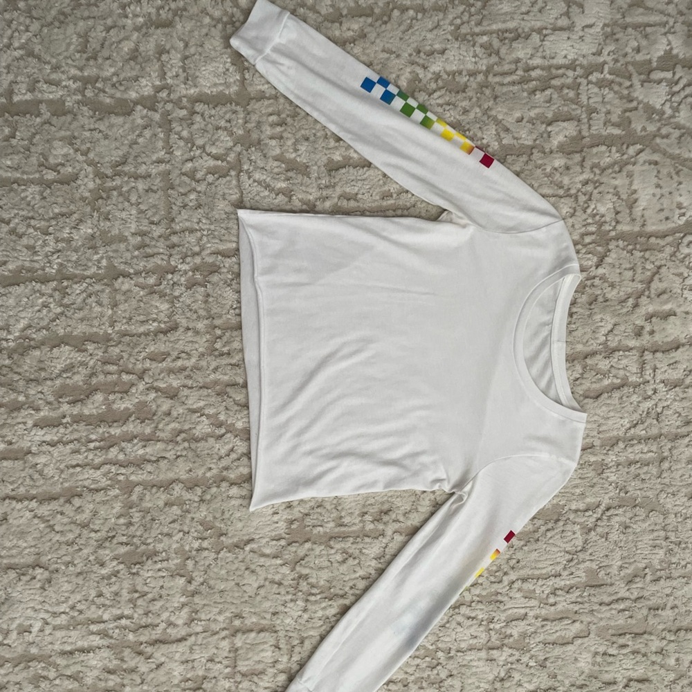 White Long Sleeve Top with Colorful Sleeve Accents